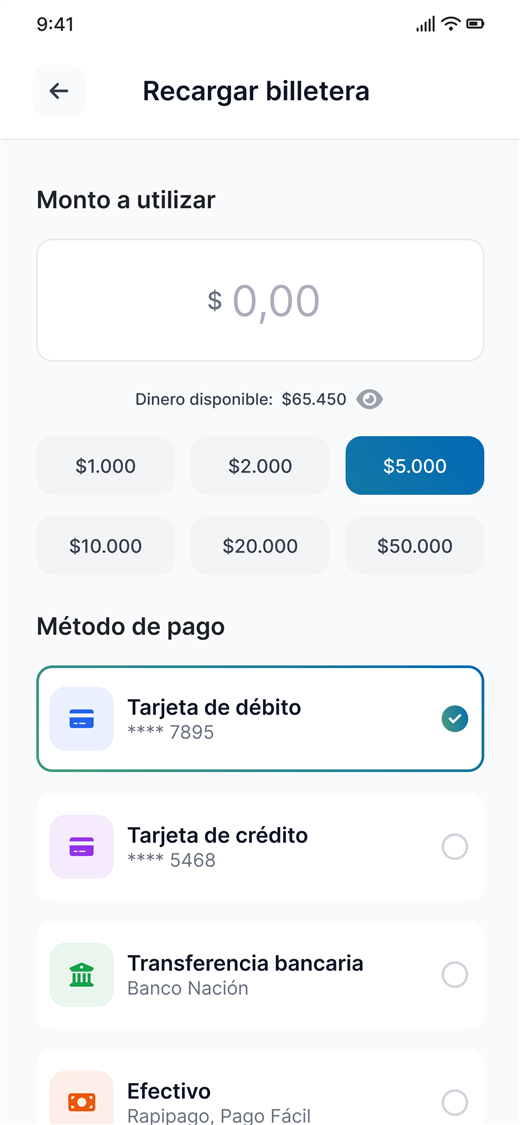Pantalla Recargar billetera de la app Ticzar