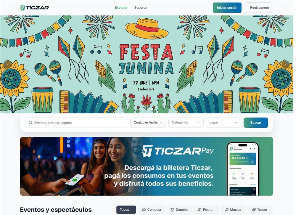 Sitio de la ticketera Ticzar con el buscador de eventos