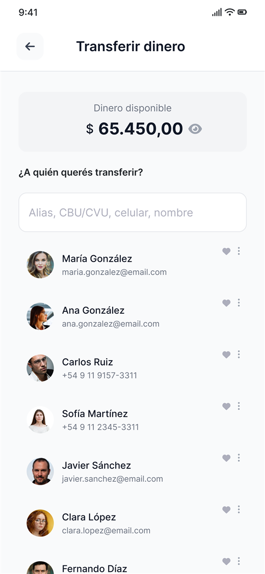 Pantalla Transferir dinero de la app Ticzar